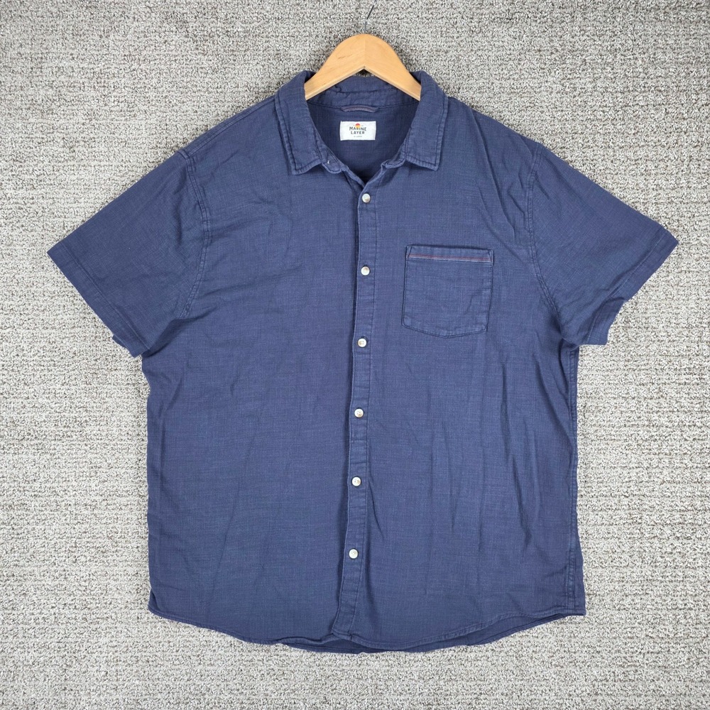 Marine Layer Mens XL Blue Stretch Selvedge Short Sleeve Button Down Shirt